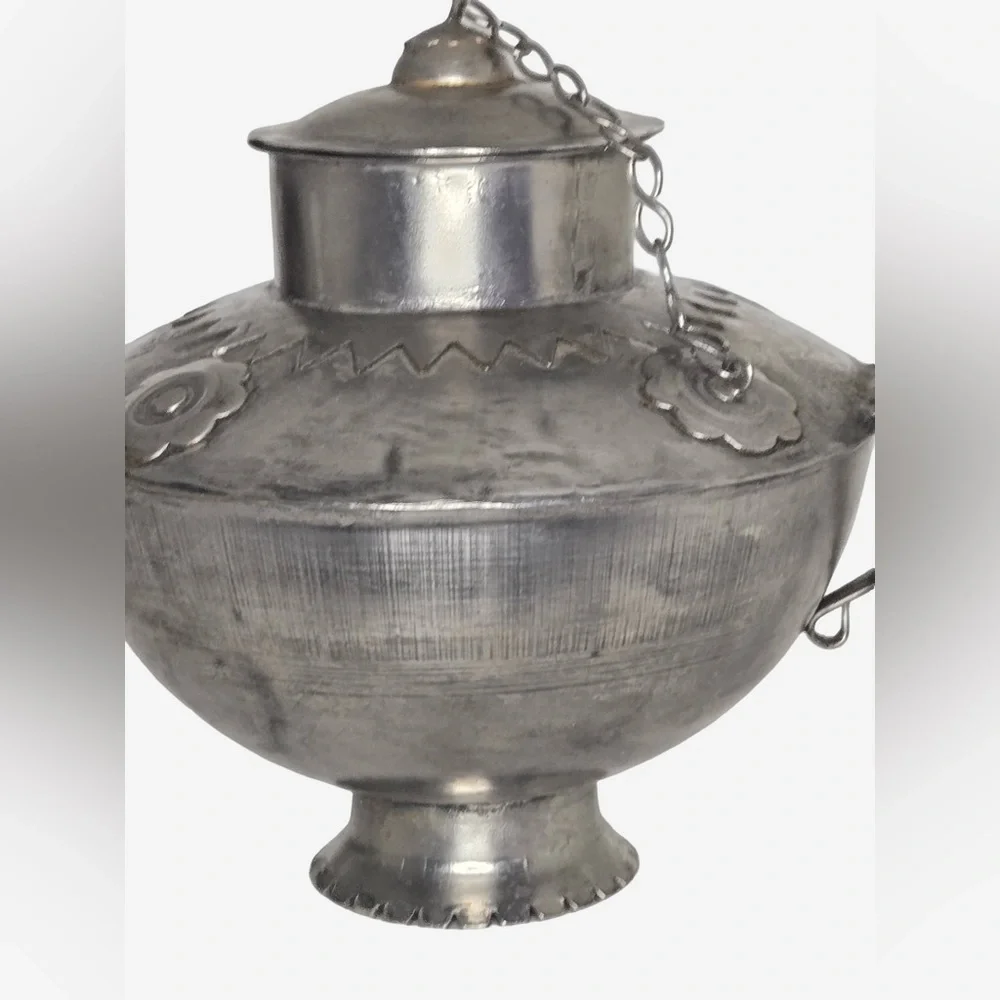 Vintage Handcrafted Metal Teapot Kettle w/ Lid & Chain – Rustic Folk Art